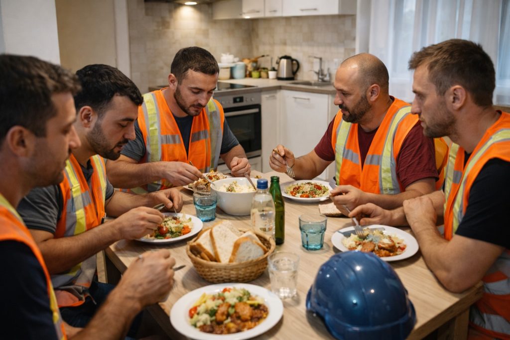 cosntruction workers enjoying meal in service apartment